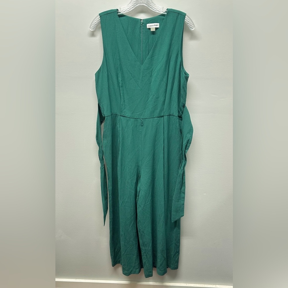 Calvin Klein Sleeveless Wide Leg Jumpsuit | Green, V-Neck, Tie belt, Crepe Sz 14 - Picture 5 of 16